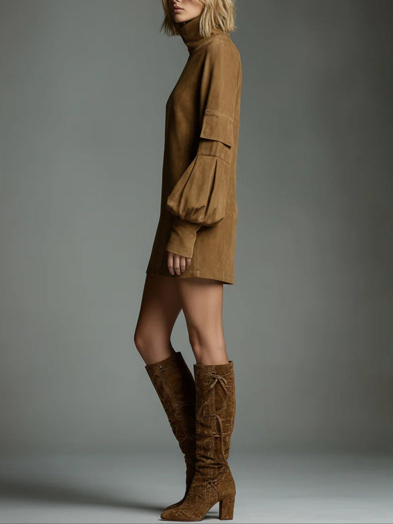 Loose turtleneck mini dress made of suede