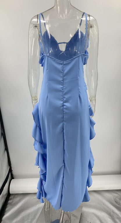 RUFFLE CUT OUT ASYMMETRIC MAXI DRESS - Blue