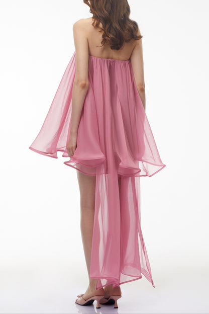 Rose Pink Off Shoulder Ruched Mini Dress with Ribbon