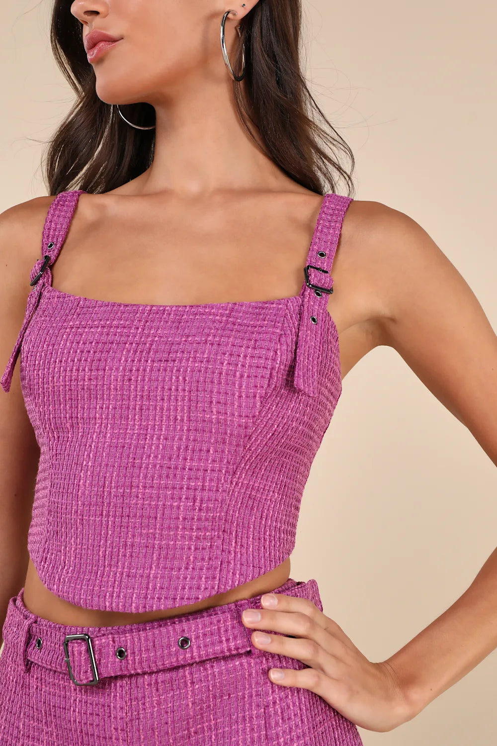 Bold Cutie Purple Tweed Buckle Strap Crop Tank Top