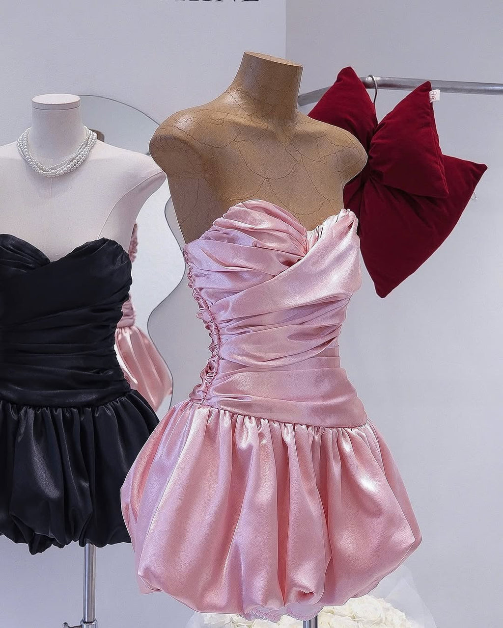 Balloon Draped strapless Mini Dress in pink