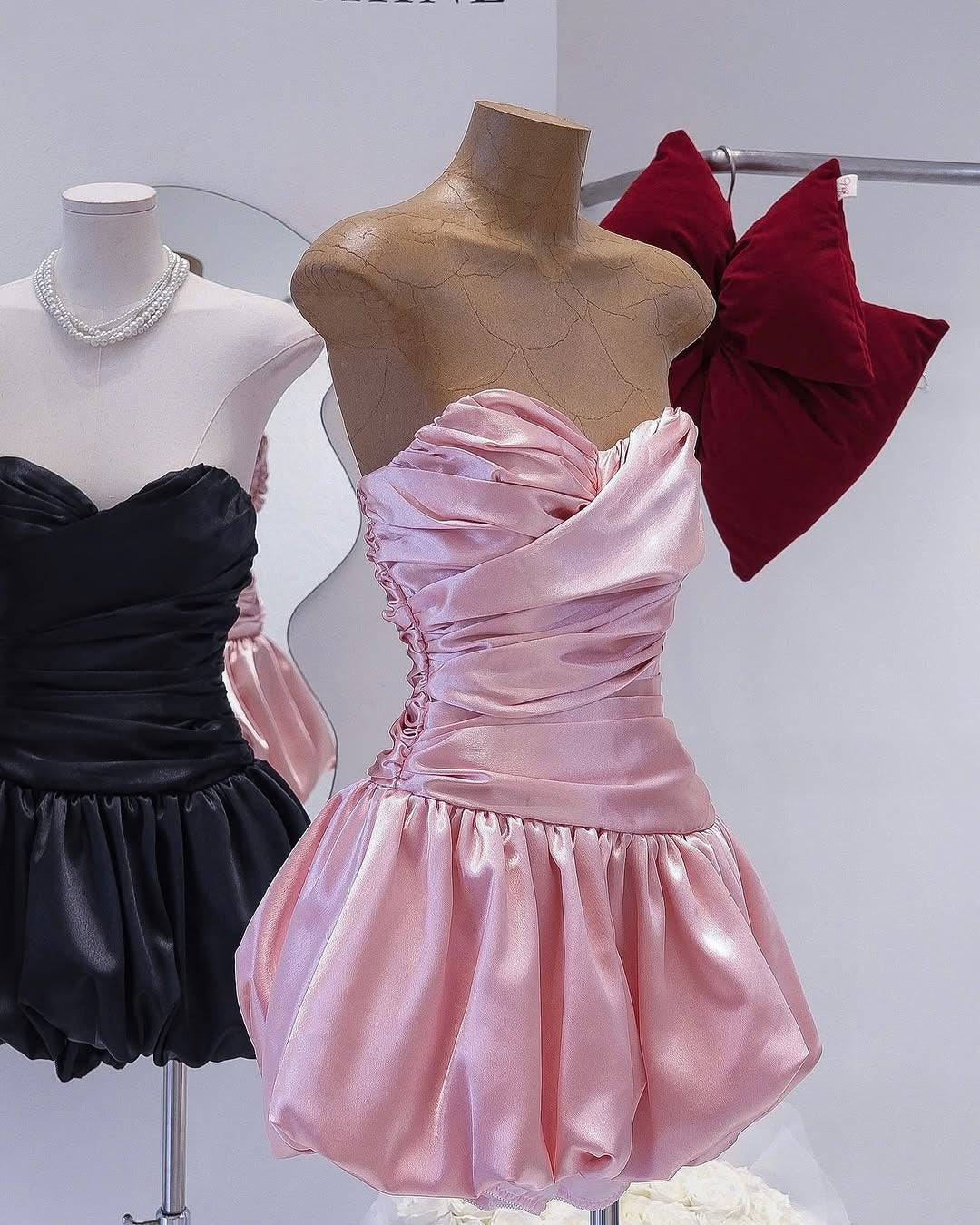 Balloon Draped strapless Mini Dress in pink