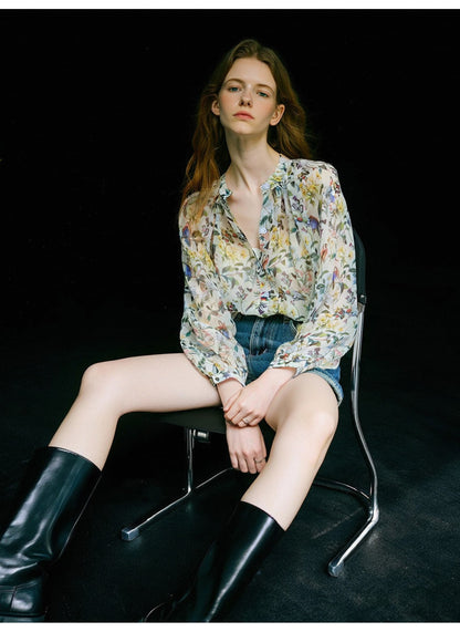 French-style chiffon floral print blouse with drape