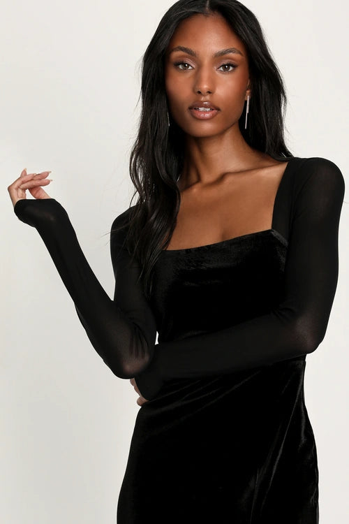 Certifiably Chic Black Velvet Mesh Long Sleeve Maxi Dress