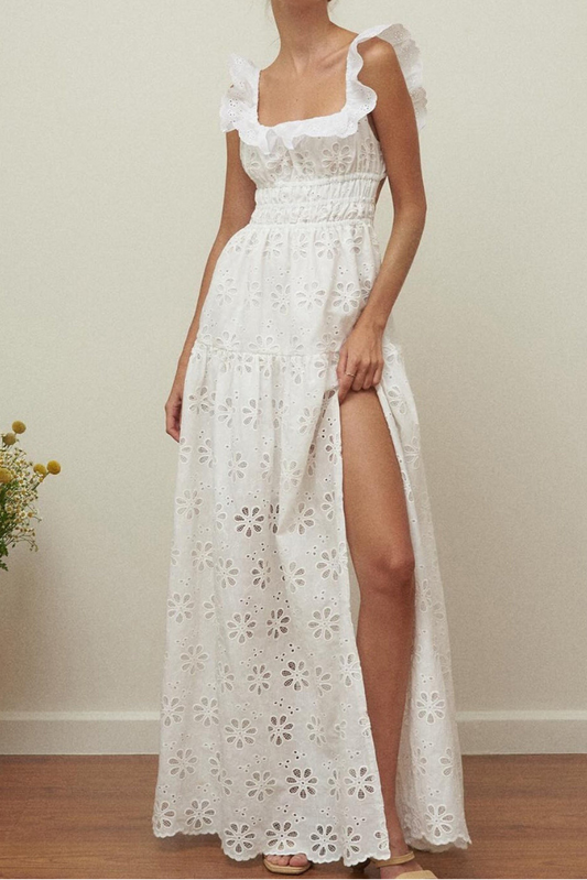 Ruffled square neck embroidered backless slit maxi dress - white