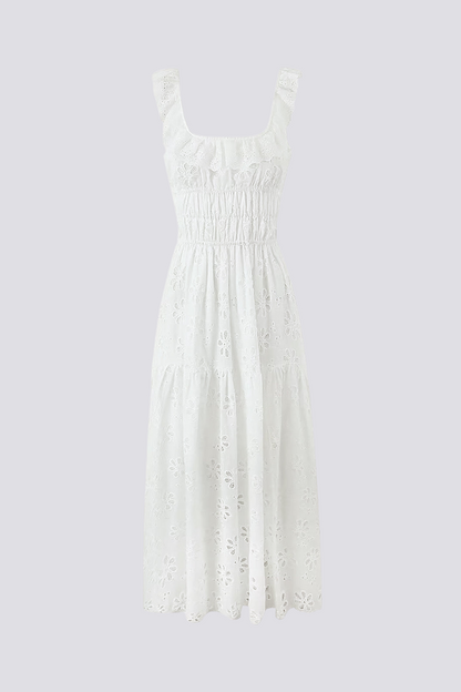 Ruffled square neck embroidered backless slit maxi dress - white