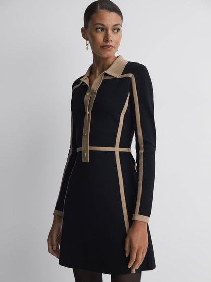 Contrast Trim Press-Stud Mini Dress in Black/Camel