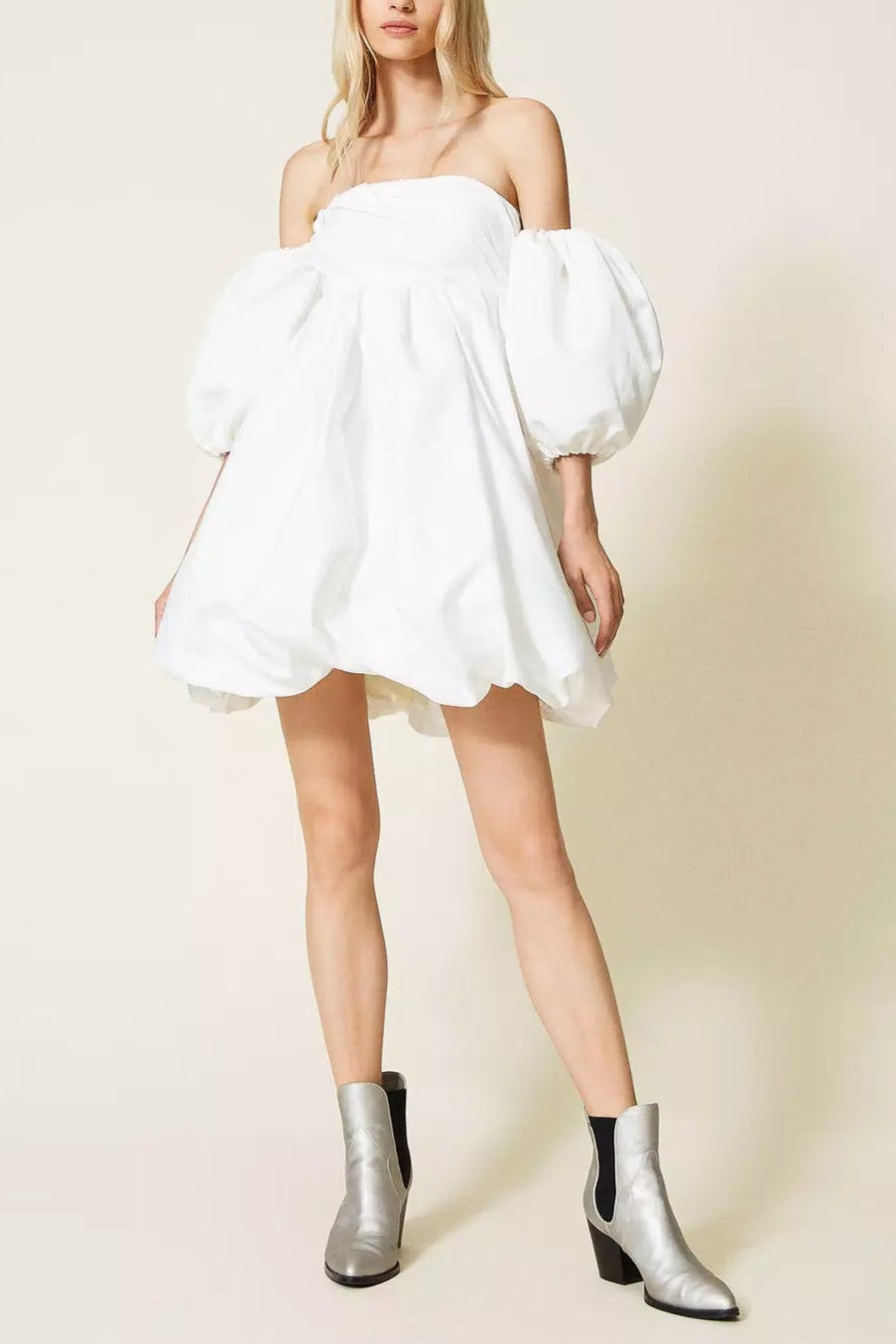 puff sleeve duchesse  mini dress in white