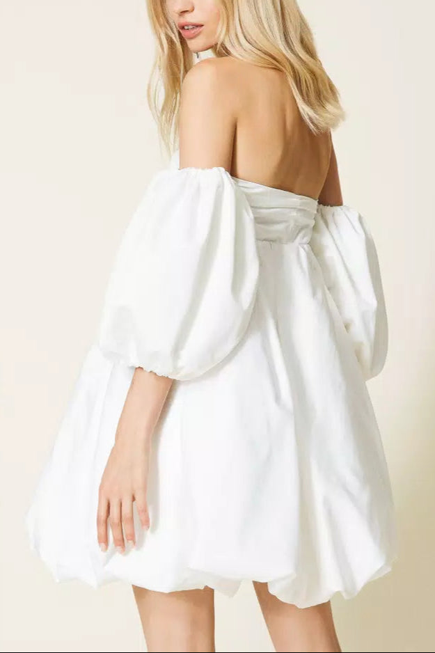 puff sleeve duchesse  mini dress in white