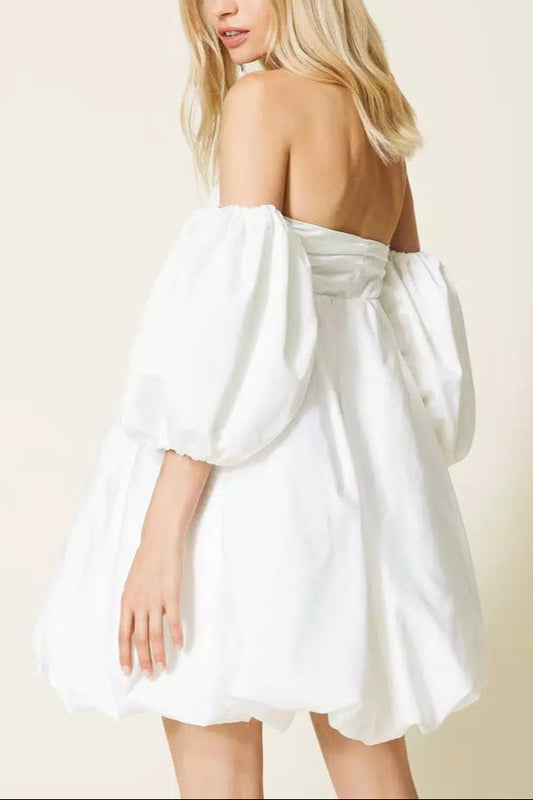 puff sleeve duchesse  mini dress in white