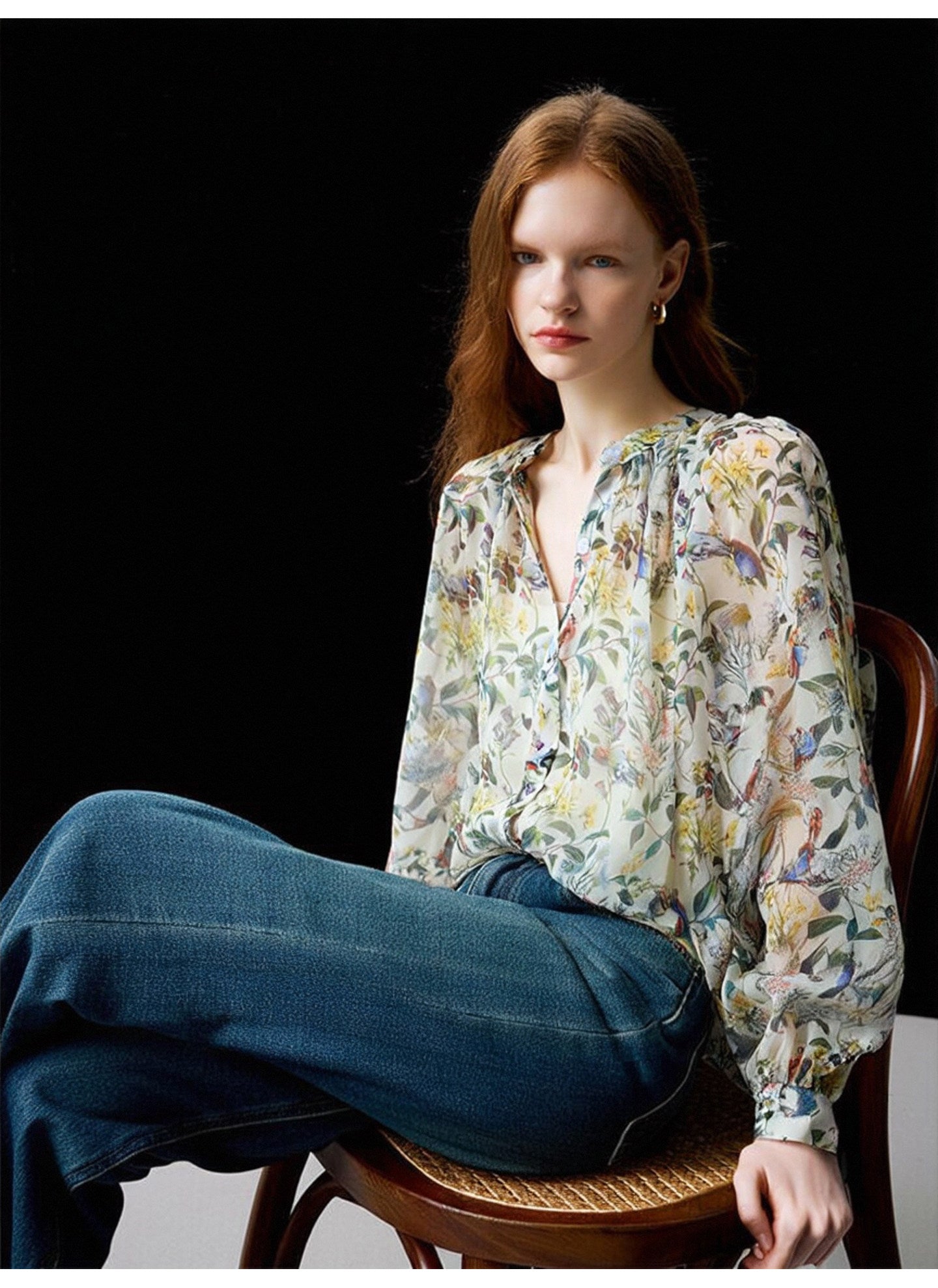 French-style chiffon floral print blouse with drape