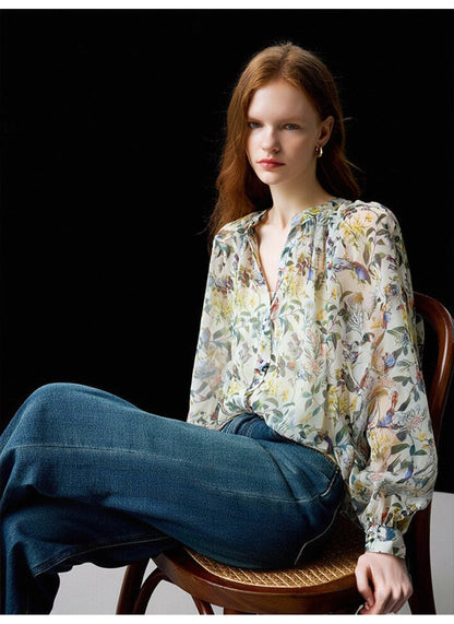 French-style chiffon floral print blouse with drape