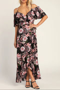 Bloomed Floral Off-the-Shoulder Maxi Wrap Dress in Black