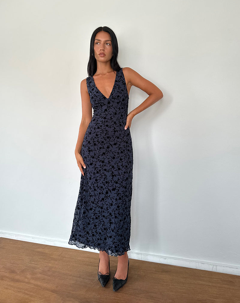 Gabriela Midi Dress in Flocked Petal Navy