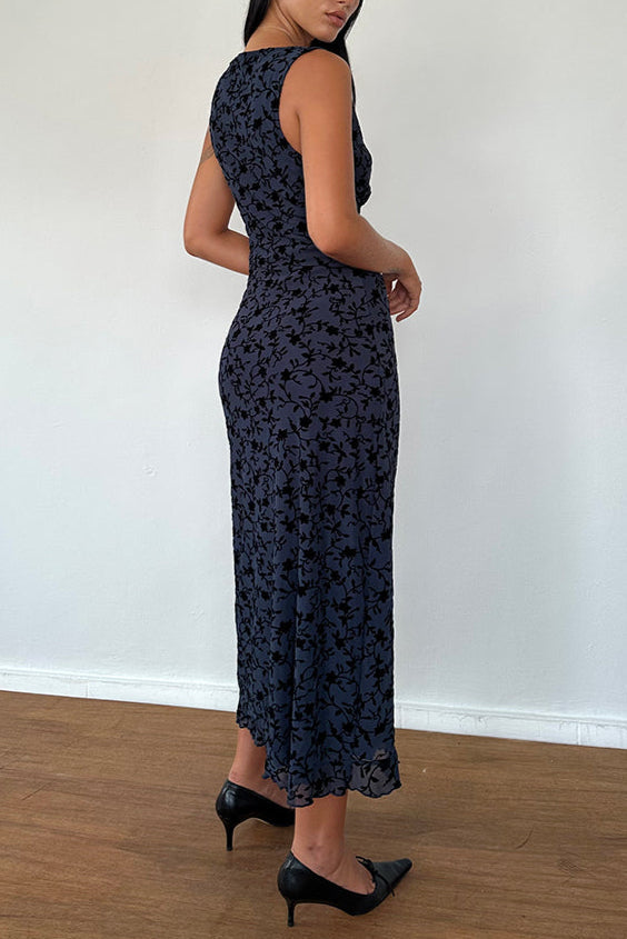 Gabriela Midi Dress in Flocked Petal Navy