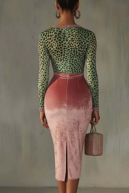 Pink Velvet Bodycon Dress With Patchwork Webbing And Leopard Print