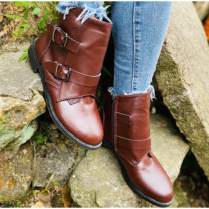 Cone Heels Buckle Strap Ankle Boots