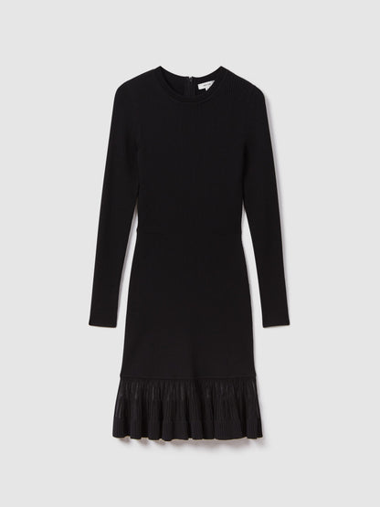 knitted sheer flared mini dress in black