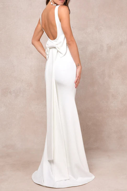 Loving Fate White Bow Square Neck Backless Maxi Dress