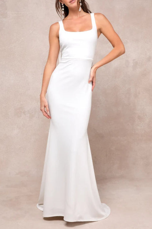 Loving Fate White Bow Square Neck Backless Maxi Dress