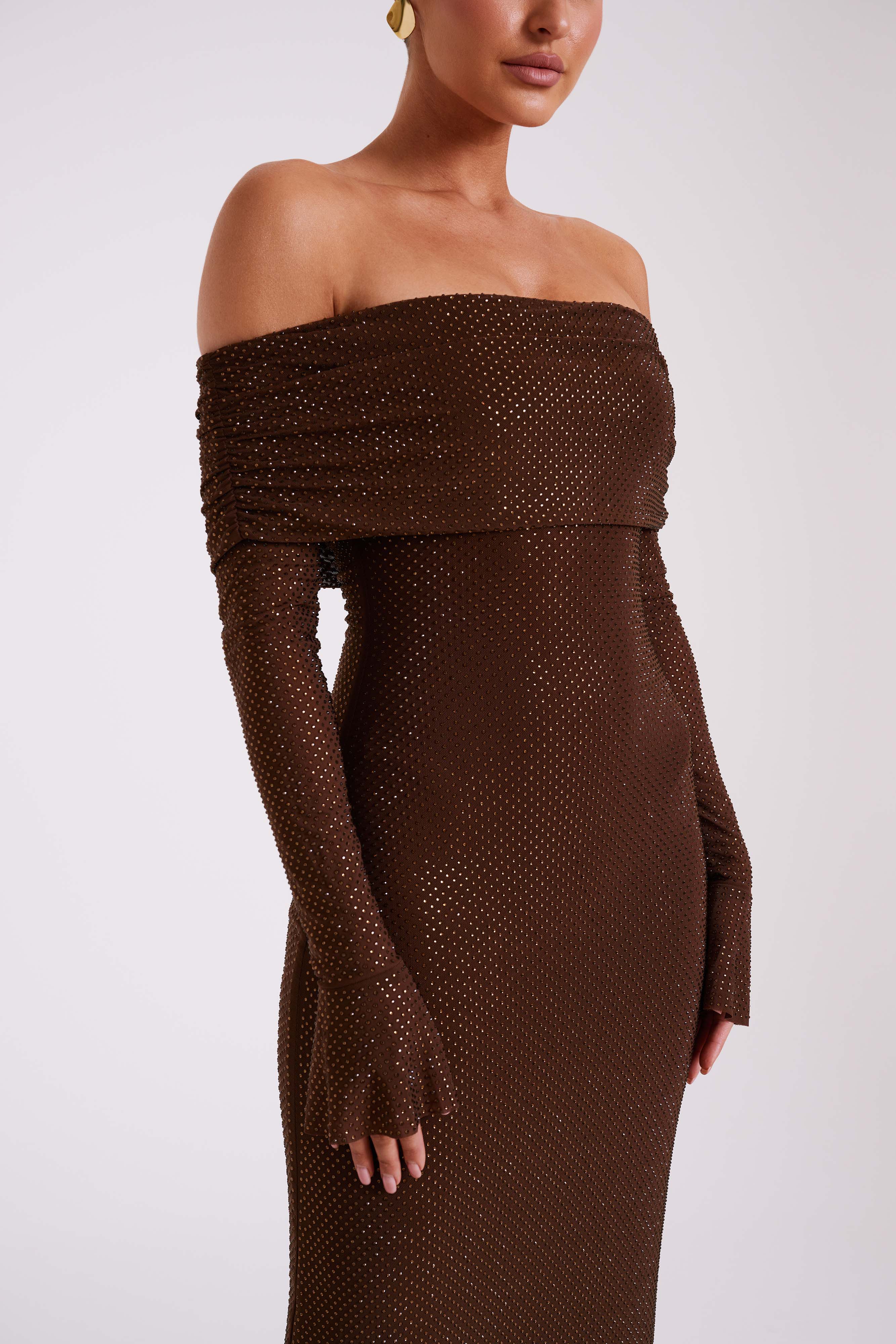 denise Off Shoulder sequin Maxi Dress - Chocolate