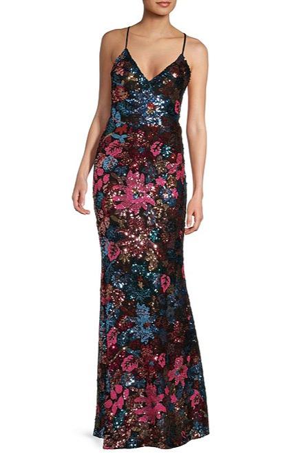 Midnight Doll Floral Sequin V-Neck Lace-Up Back Long Dress