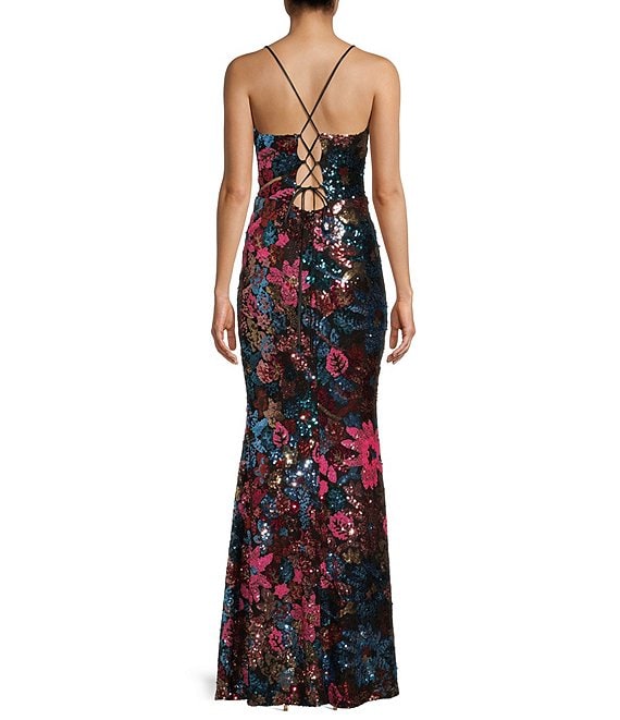 Midnight Doll Floral Sequin V-Neck Lace-Up Back Long Dress