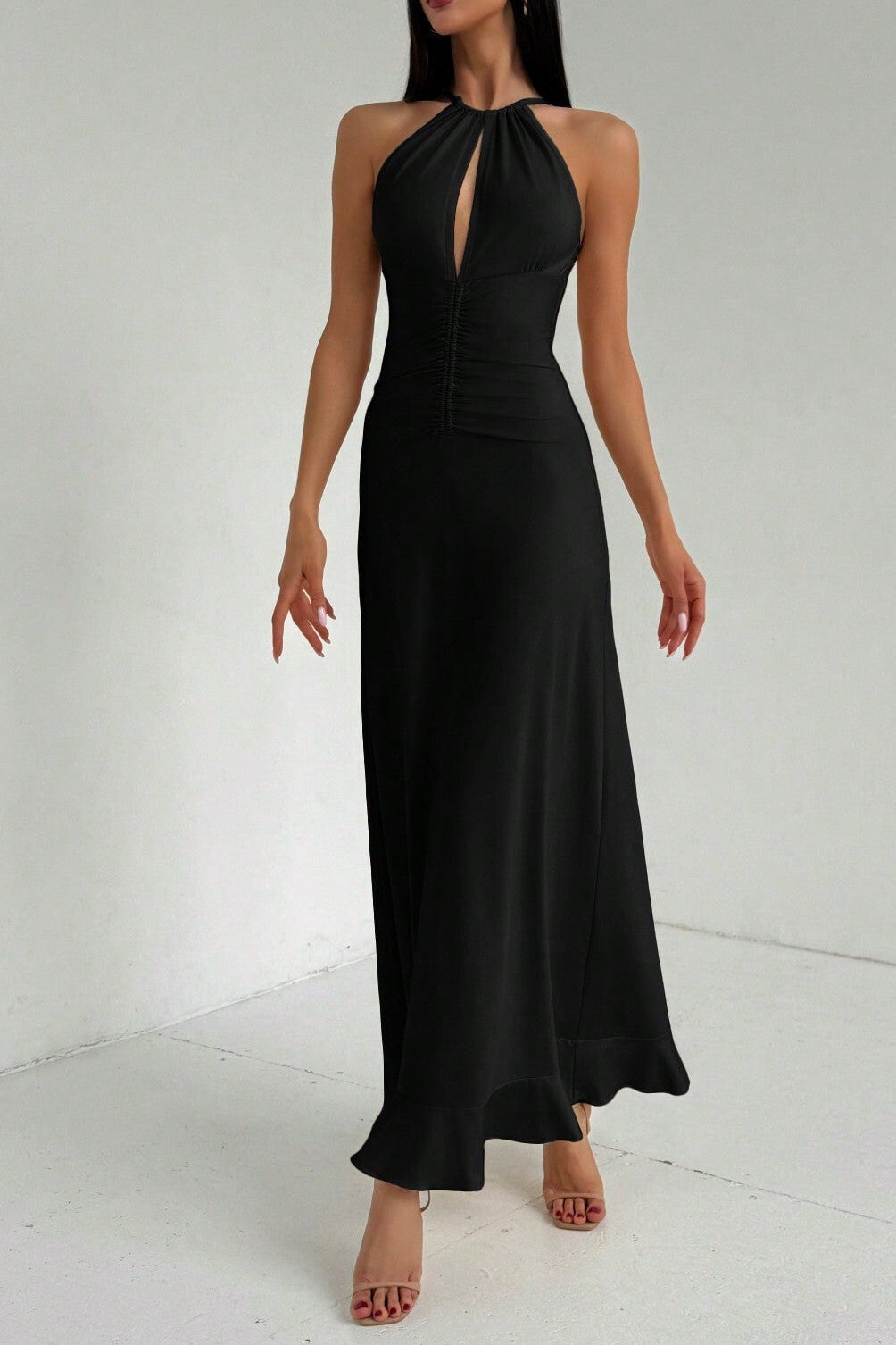 V-neck sleeveless halter maxi dress in black