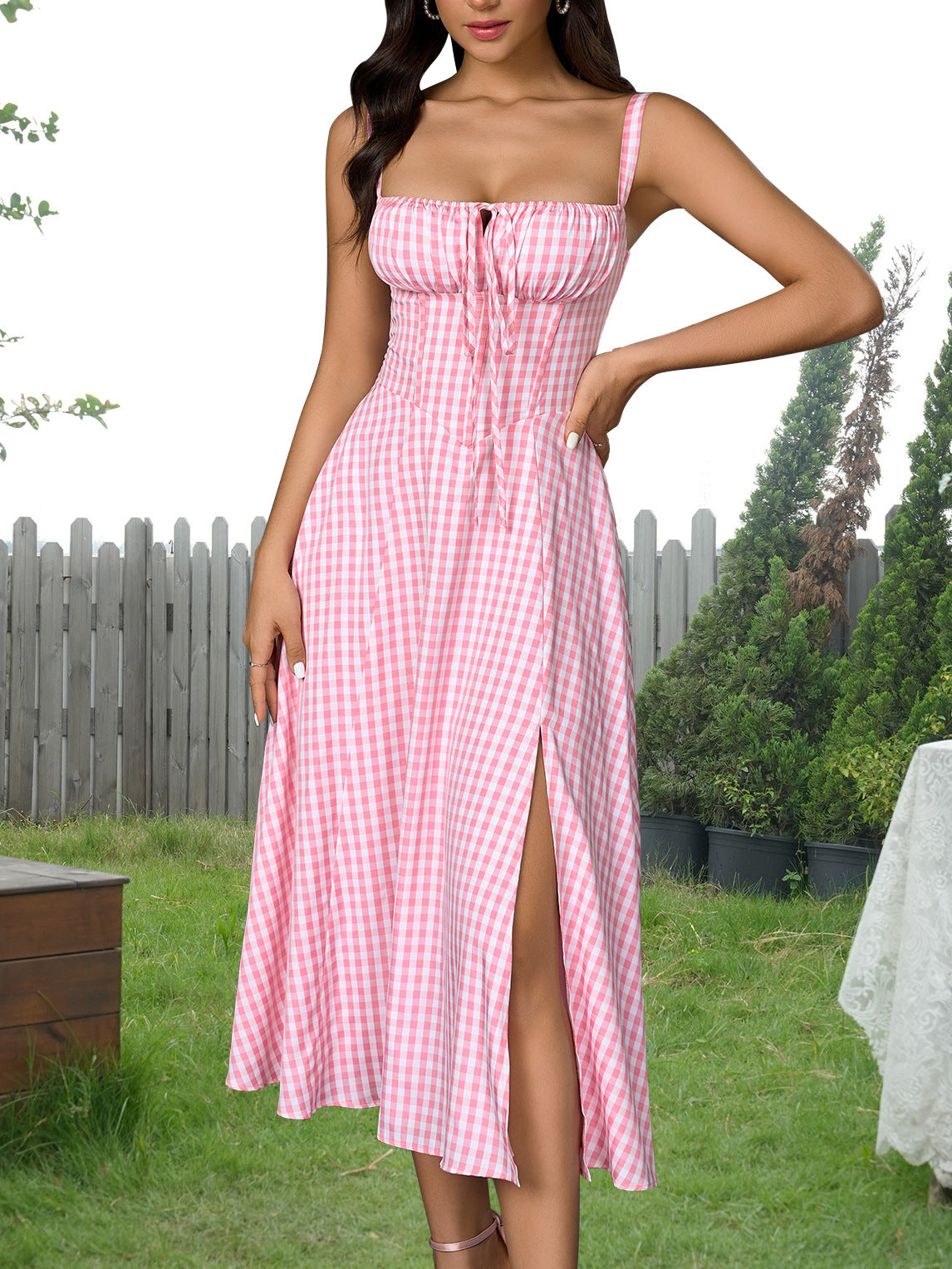 pink plaid herringbone slip slit backless chest tie long dress