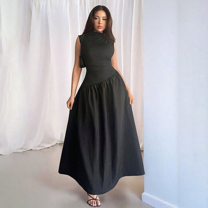 black sleeveless waist maxi dress