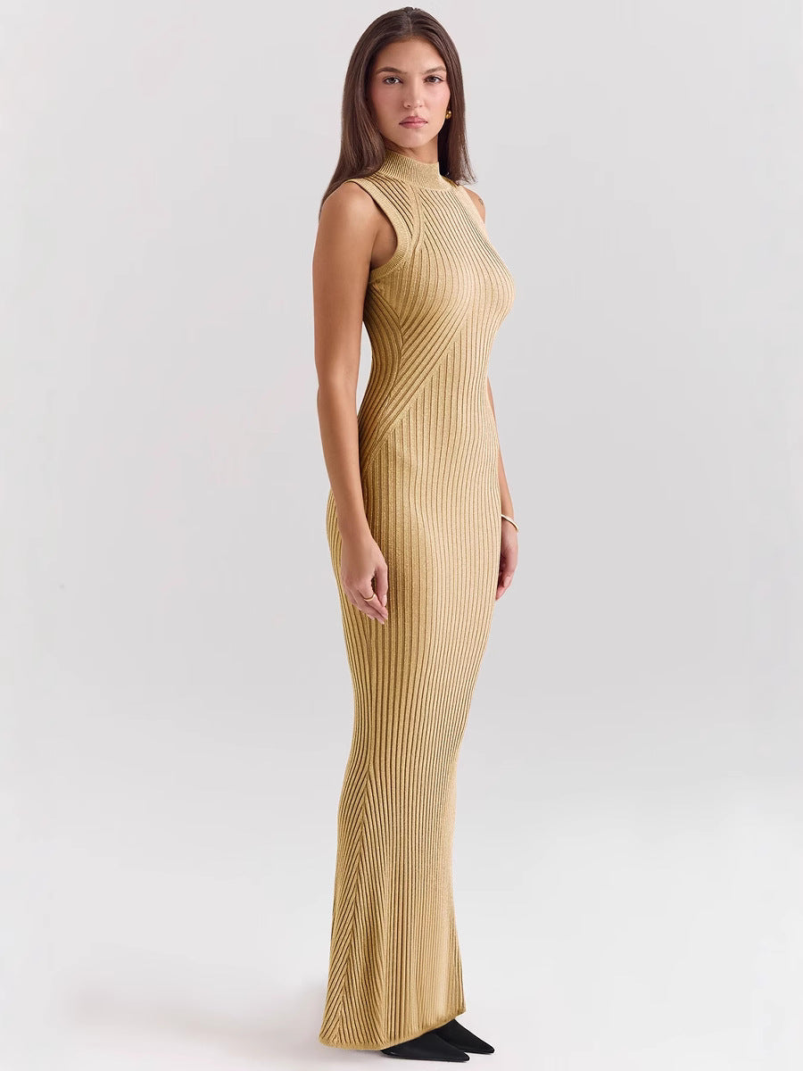 glod Knitted Turtleneck Sleeveless maxi Dress
