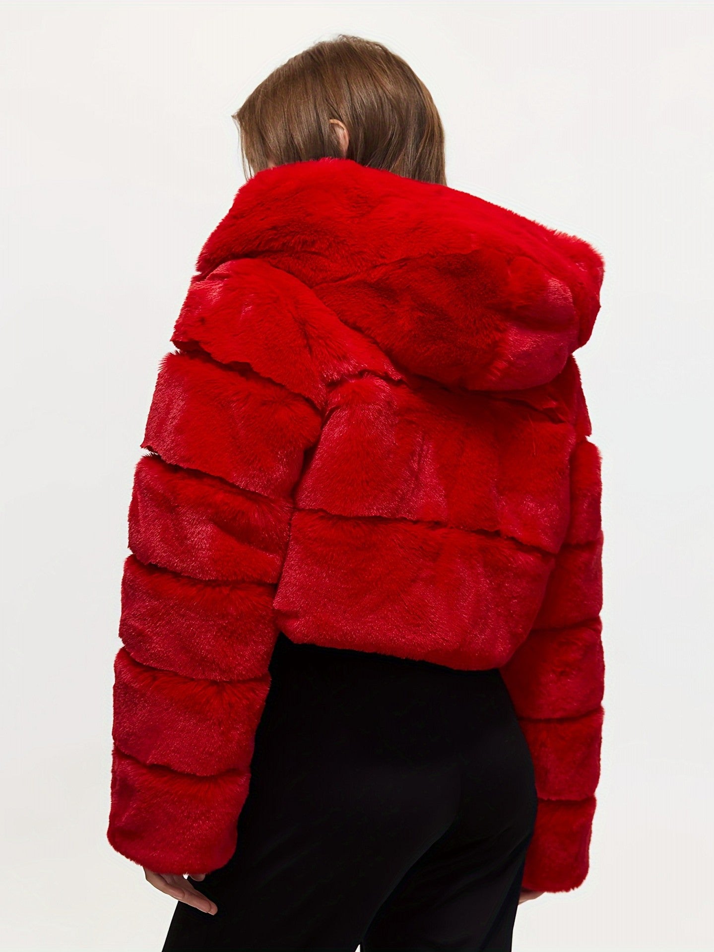 hooded imitation rabbit fur long sleeve spliced jacket