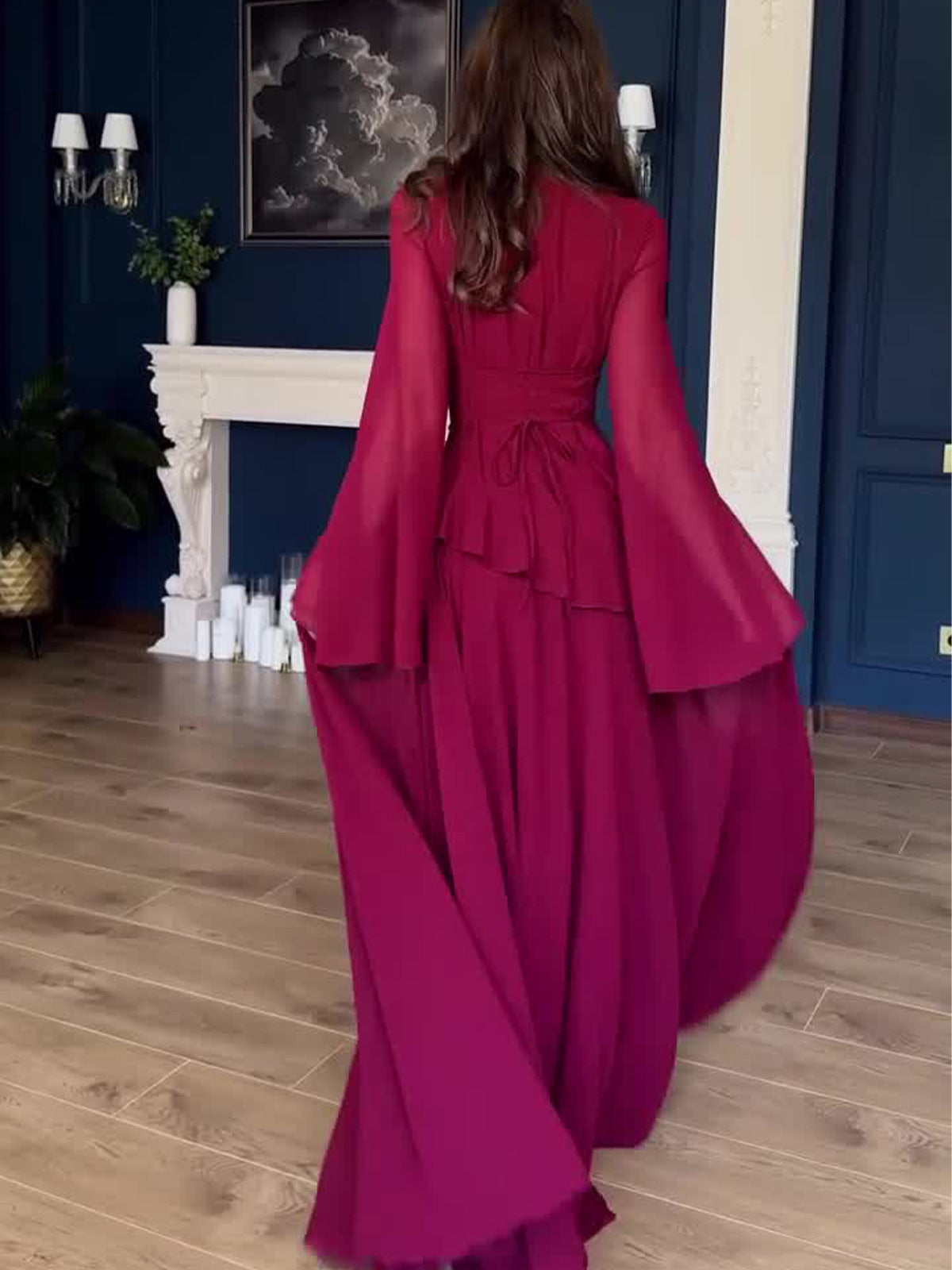 red long-sleeved maxi dress