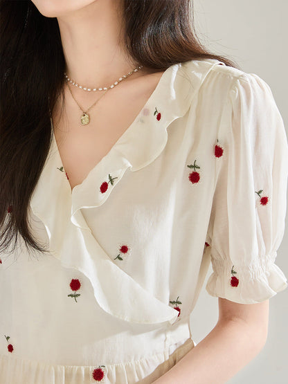 3D Embroidered V-neck Ruffled maxi Dress - white