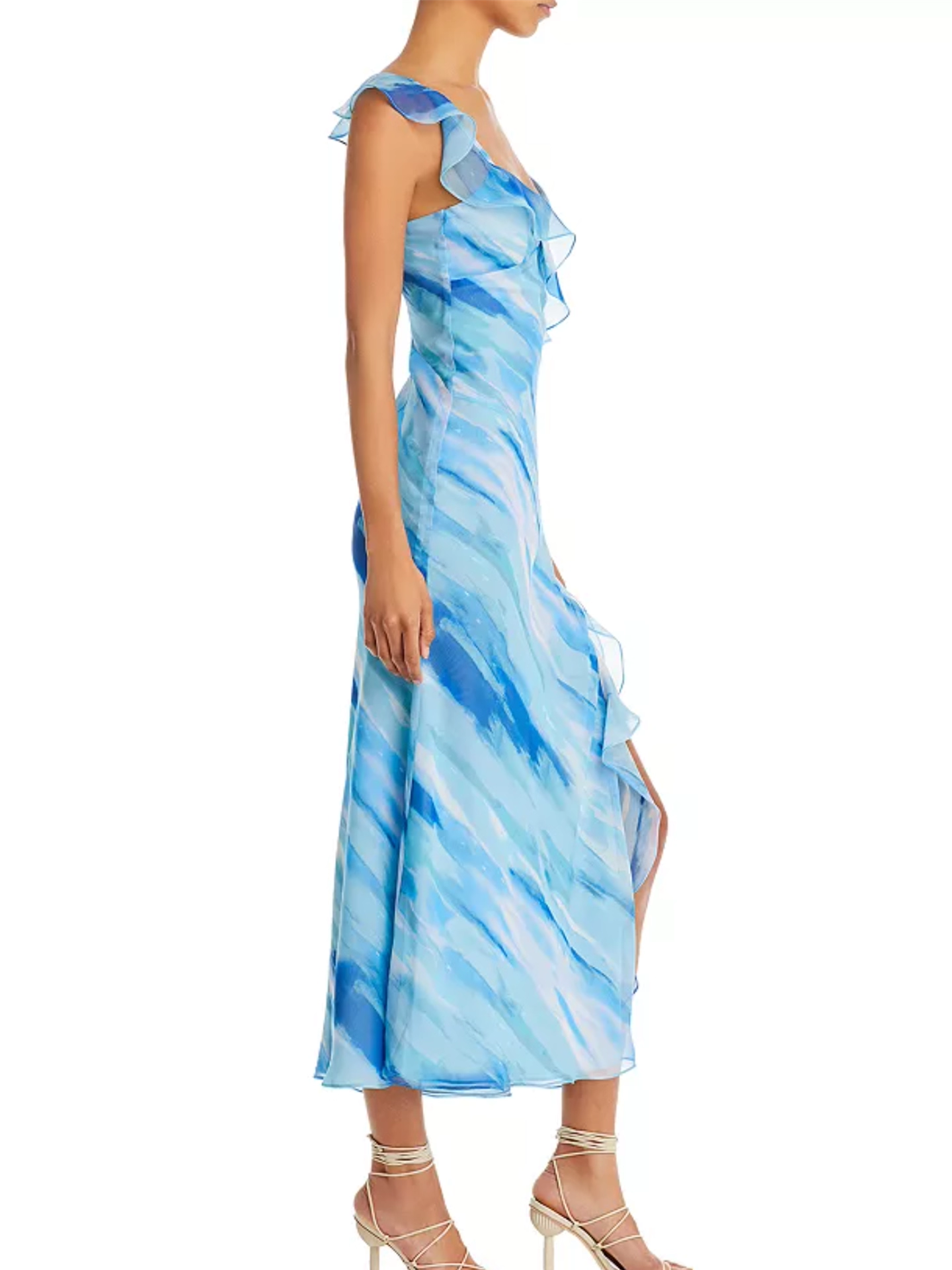 Blue Ocean V-Neck Ruffle Suspender Side Slit Dress