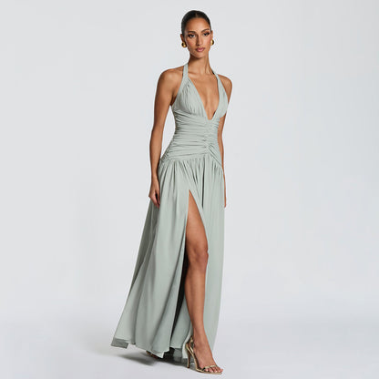 green halterneck slim back dress