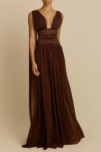brown swing pleated waist maxi dress