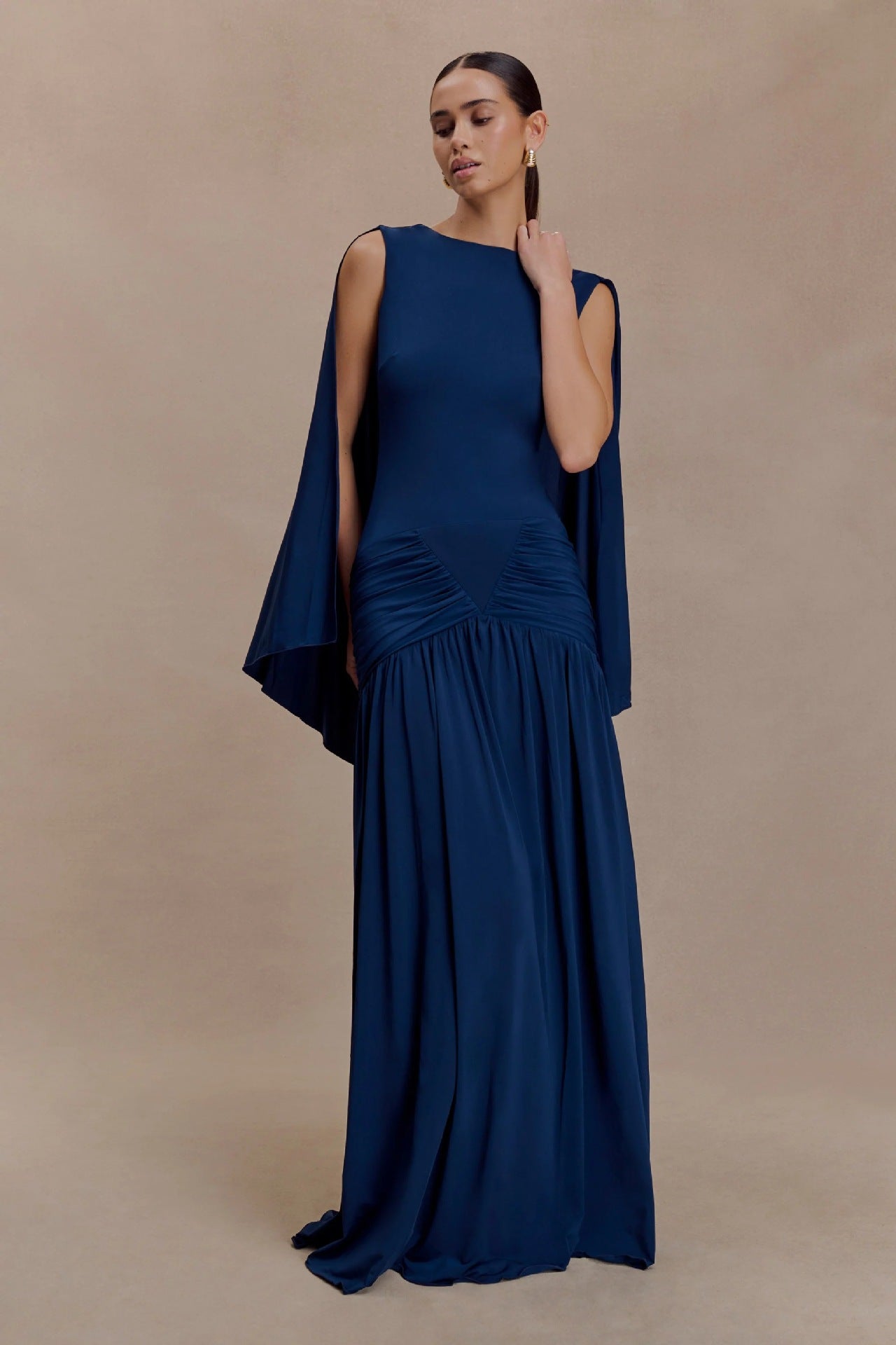 navy open back cape pleated maxi dress