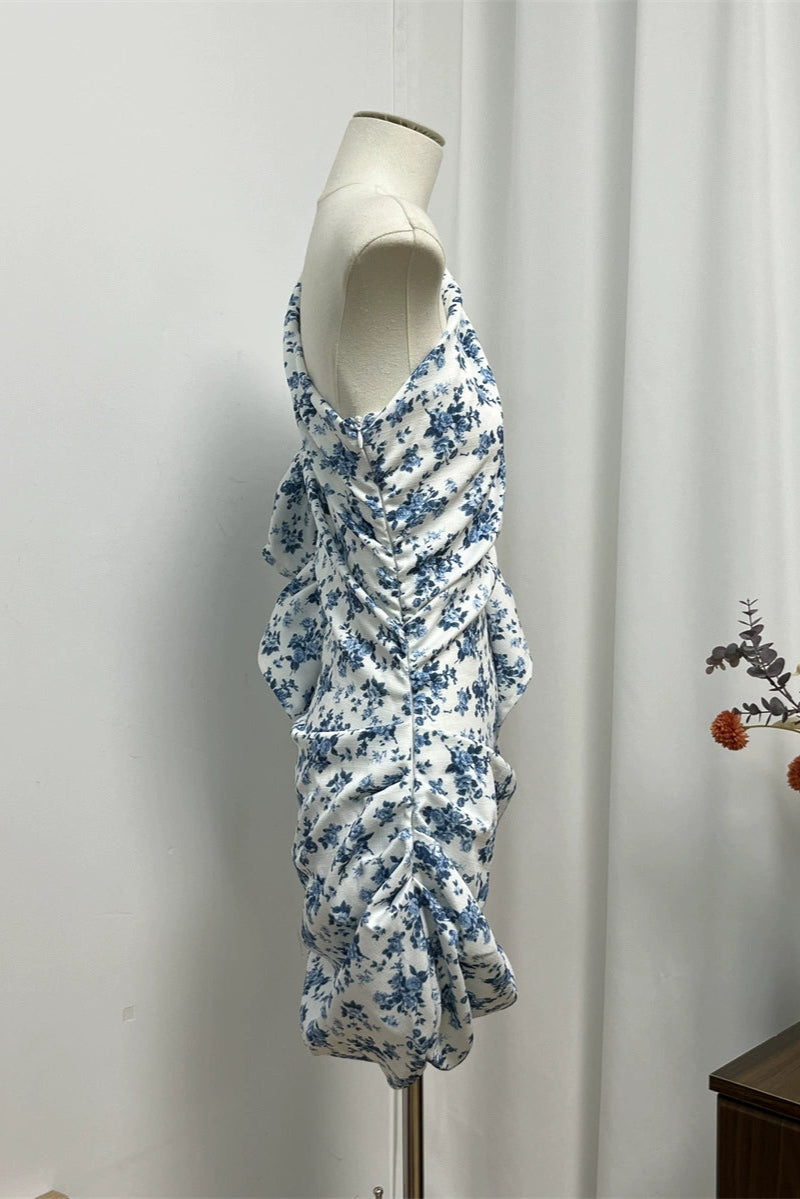 blue flower slanted shoulder flying sleeve dress