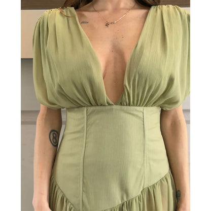 green pleated  V-neck sleeveless asymmetrical dress