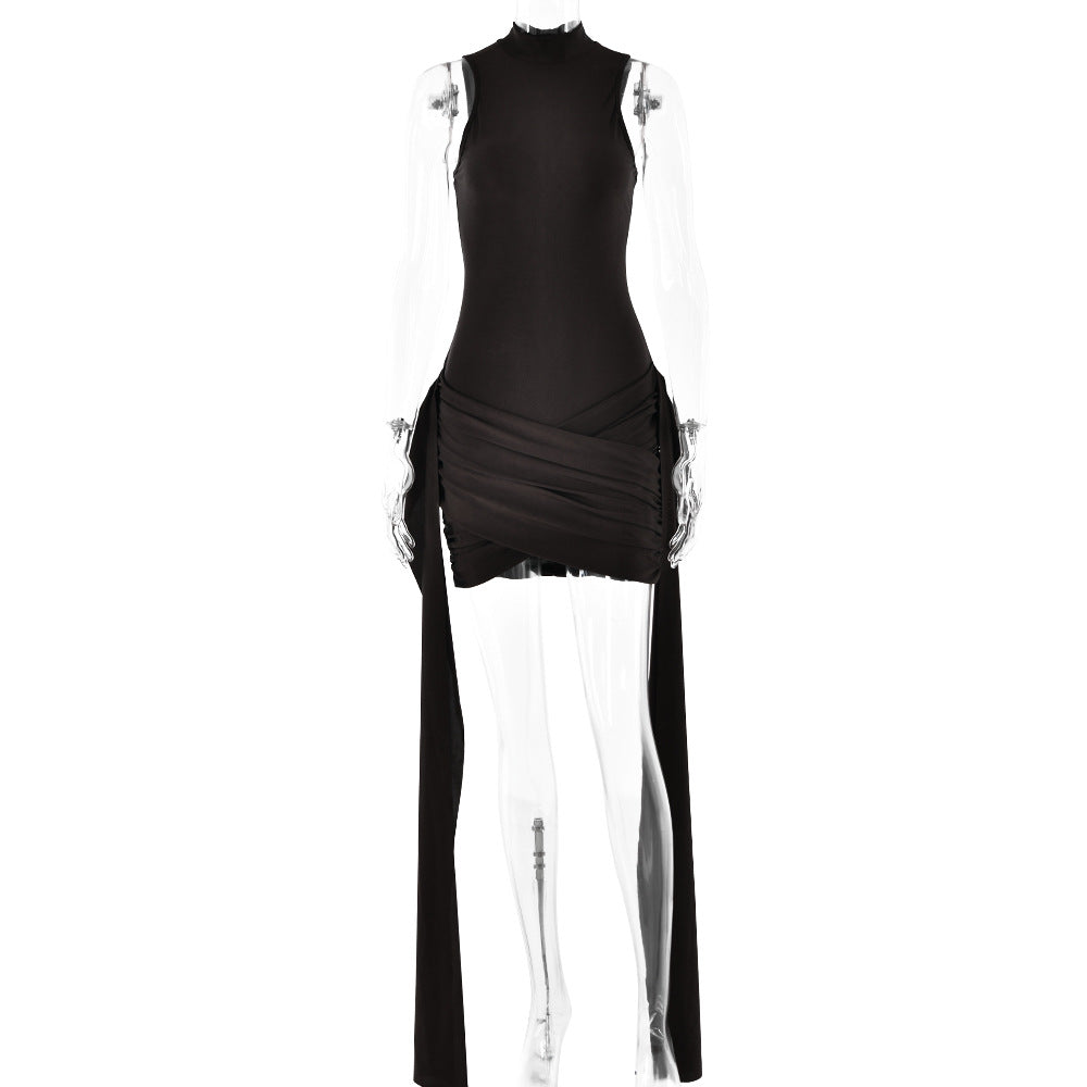 brown round neck sleeveless hip tie dress