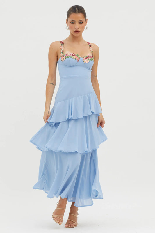 blue Cascading Ruffle Floral Decorative Dress