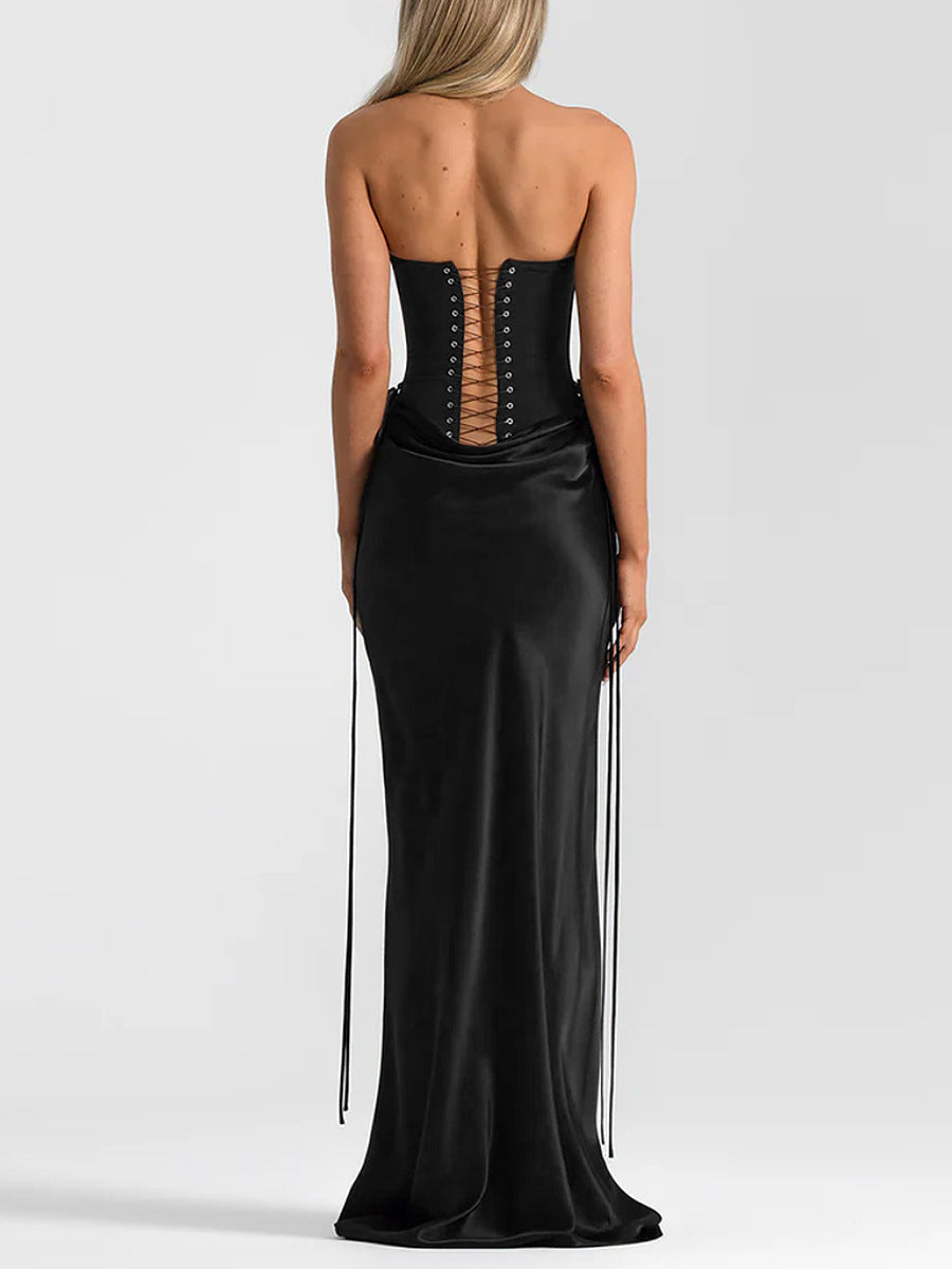 black bandeau herringbone evening dress