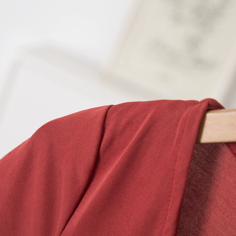 Brick red V-neck short-sleeved knitted dress