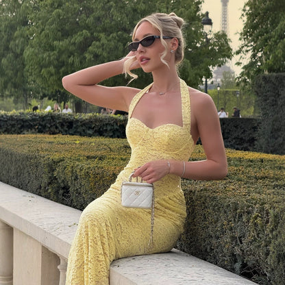 yellow lace spliced open back suspender dress
