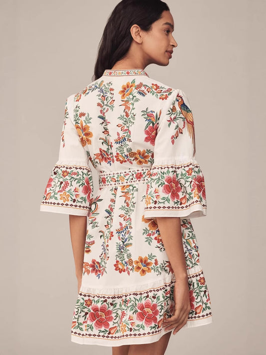V-neck linen printed lantern sleeve ruffled mini dress