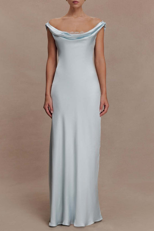 blue  satin swinging collar  lace dress