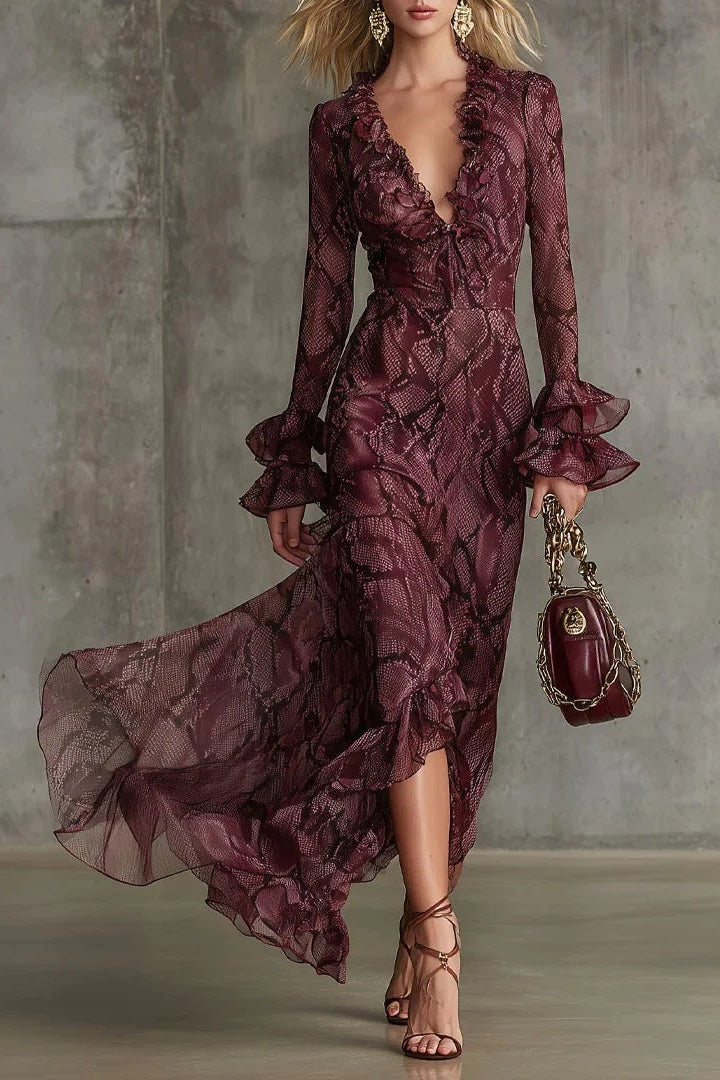 flared sleeve tether V-neck dress long sleeve maxi dress