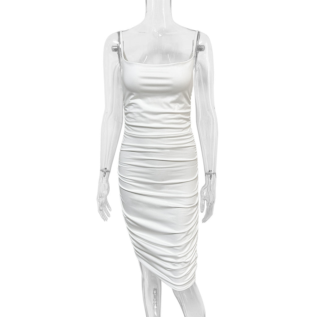 white Spaghetti strap pleated bodycon backless dress