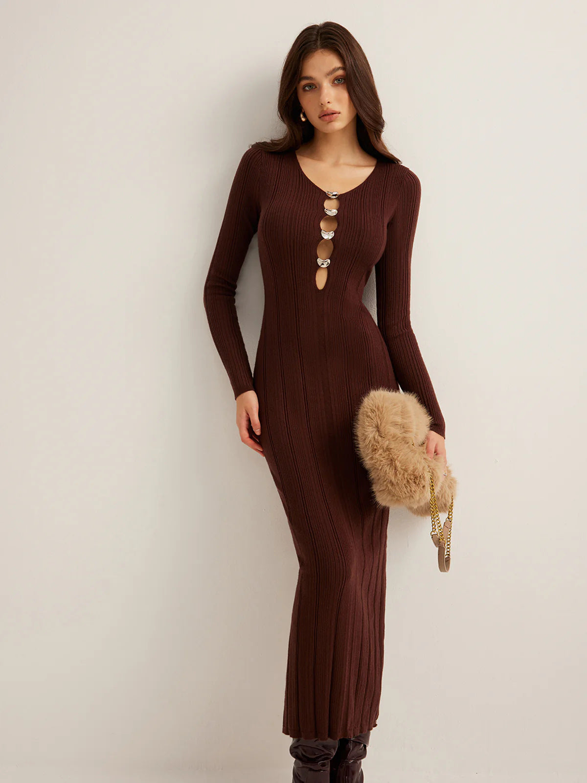 button V-neck knitted maxi dress